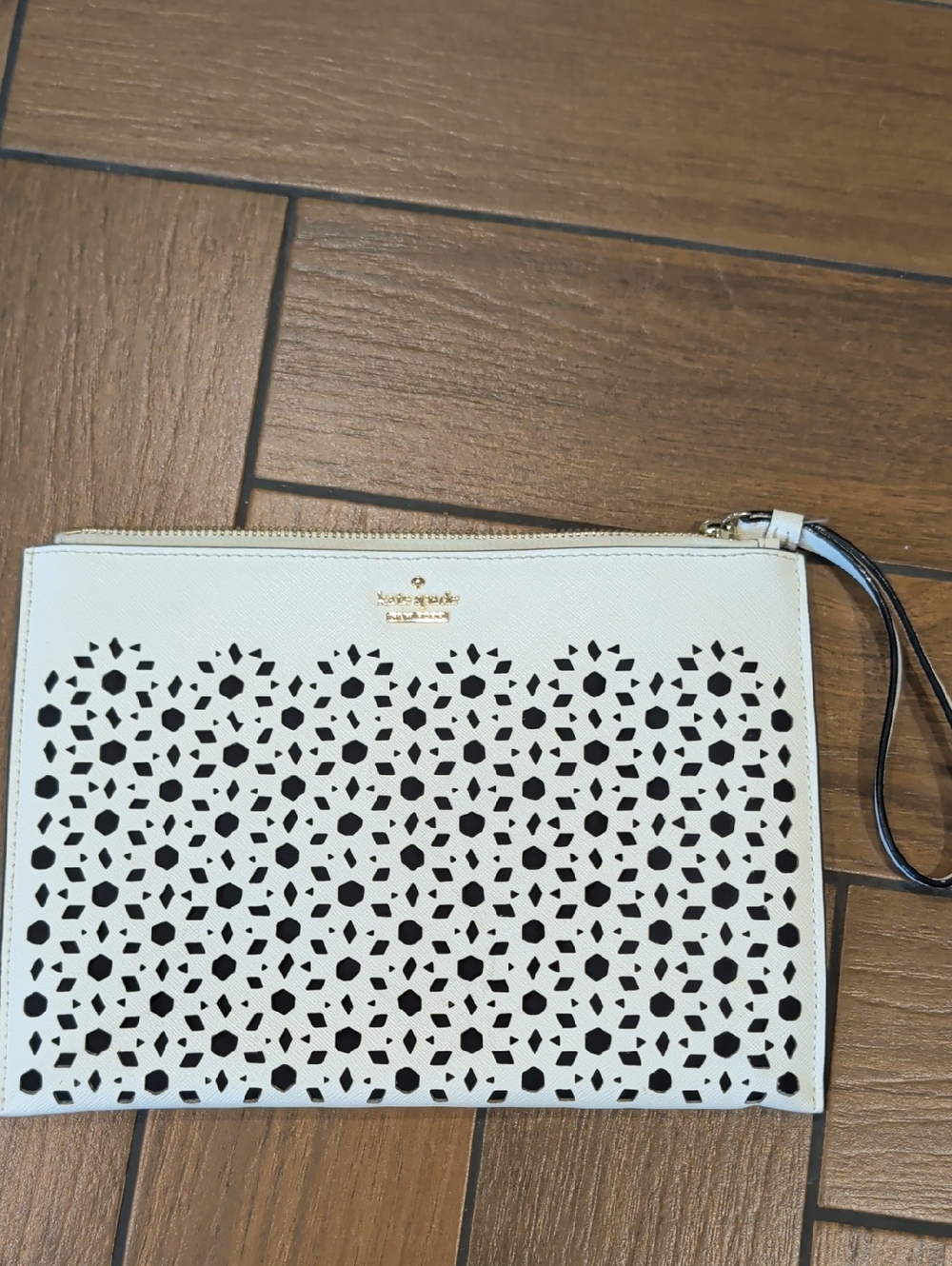 kate spade White Laser-Cut Perforated Wristlet Clutch